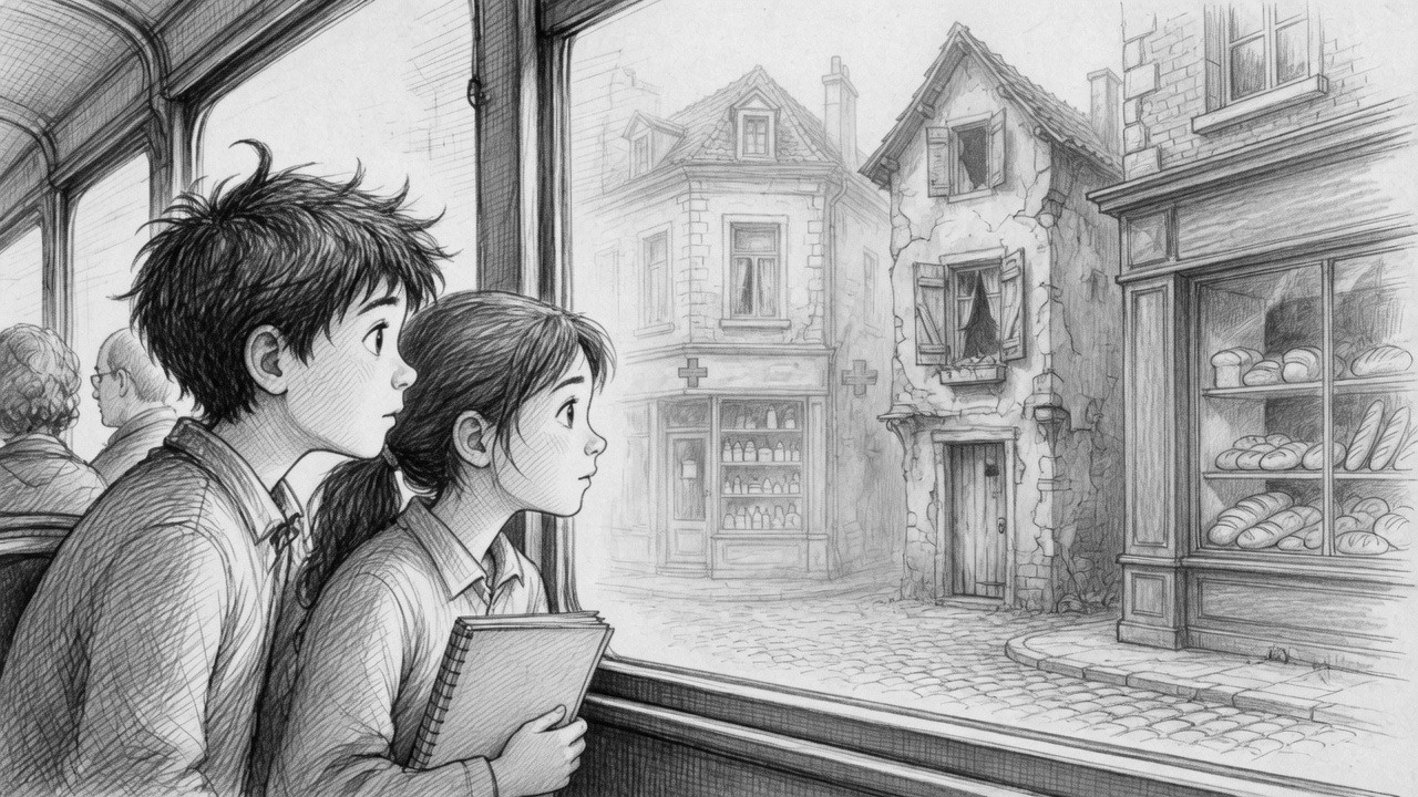 Matthy et Lidia regardent une maison bruxelloise depuis la vitre d’un tram.