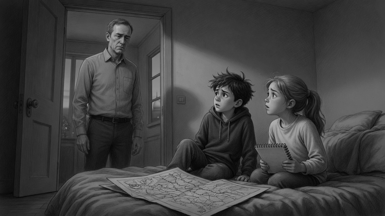 La carte est ouverte sur le lit. Matthy et Lidia sont dessus. Michel est dans l’embrasure de la porte.