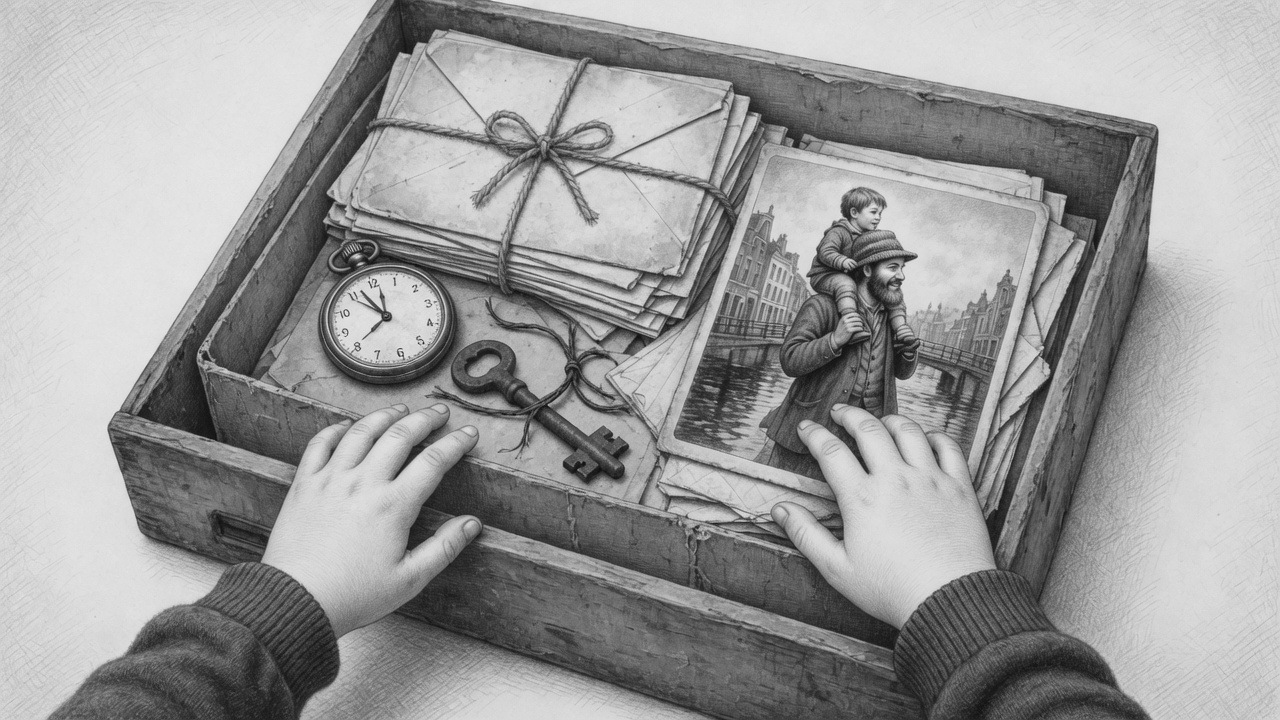 Une boîte ouverte : des lettres ficelées, une montre arrêtée, une clé rouillée, et la photo d’un homme au bonnet avec un enfant sur les épaules.