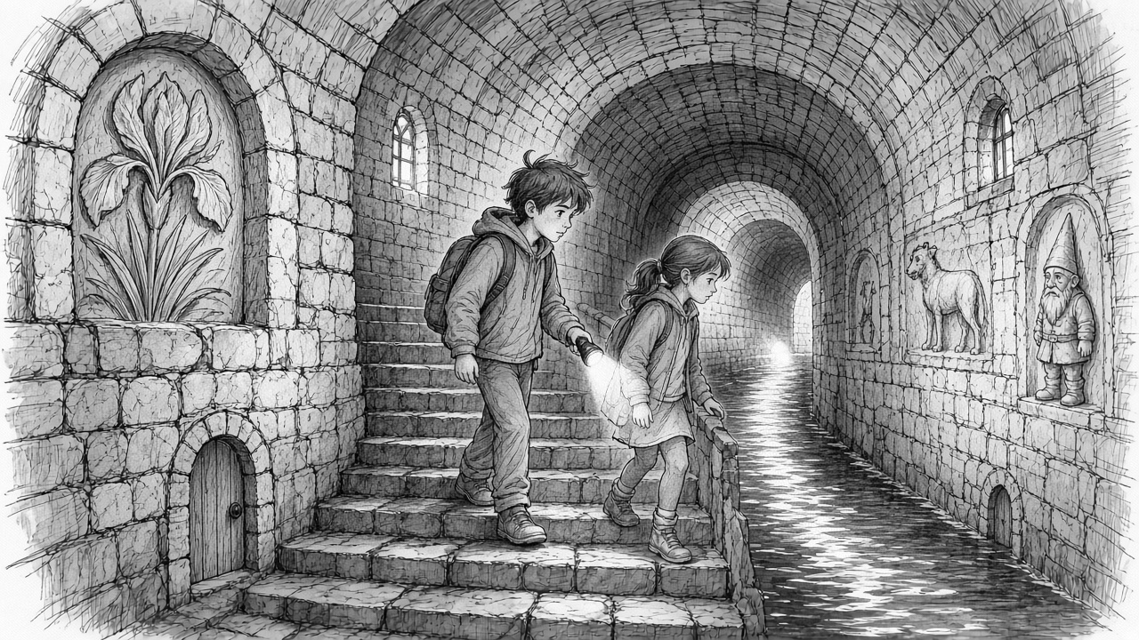 Matthy et Lidia descendent un escalier de pierre dans un tunnel de brique, une lampe à la main, au-dessus d’un fil d’eau.