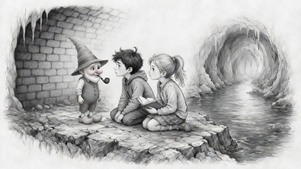 Woutje, chapeau pointu et pipe, face à Matthy et Lidia assis au bord de l’eau, sous une voûte.