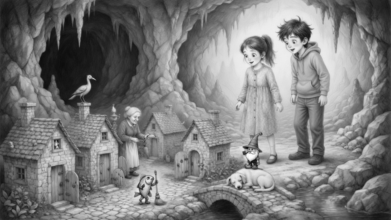 Un village de petites maisons dans une grotte. Une femme tend du pain, un poisson balaie, et un chien dort sur un petit pont.
