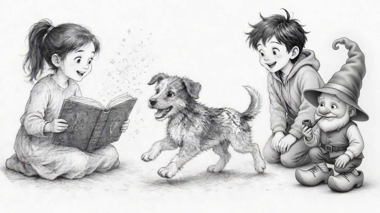 Lidia lit un gros livre. Le chien court. Matthy et Woutje sont à genoux à côté d’elle.