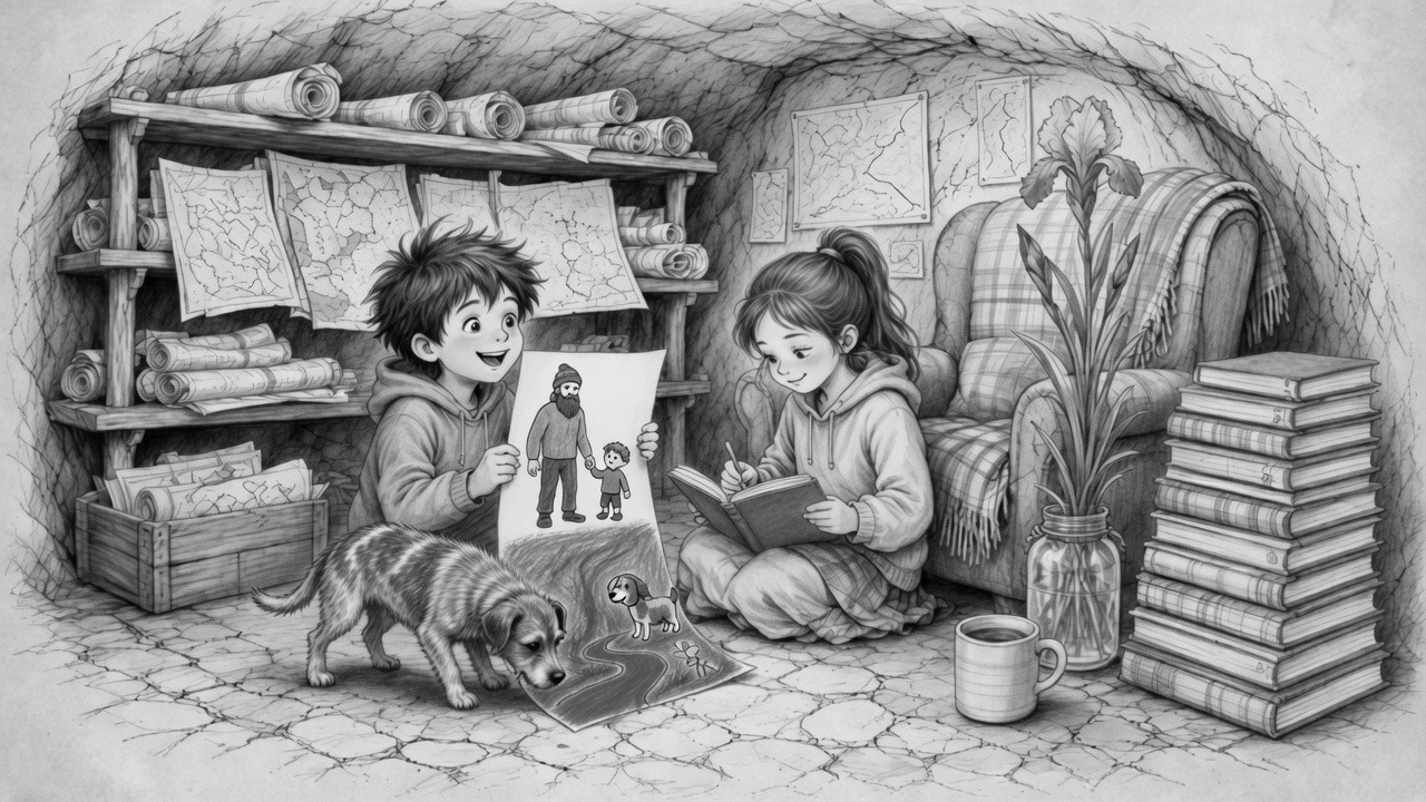 Dans une cave voûtée, Matthy montre un dessin d’un homme et d’un enfant. Lidia écrit. Le chien renifle une carte au sol.