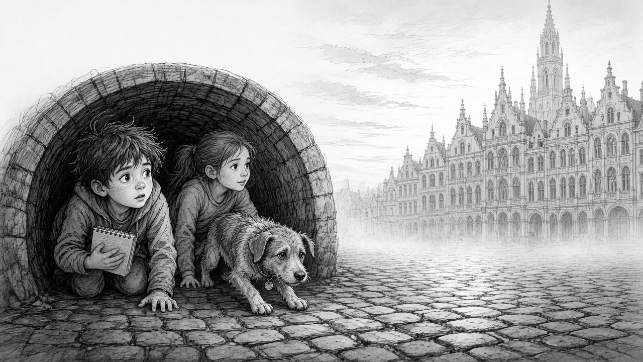 Matthy, Lidia et le chien sortent d’un conduit de brique, face aux maisons de la Grand-Place.