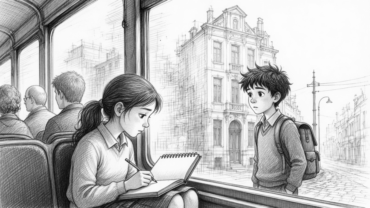 Dans un tram, Lidia écrit dans un carnet. Matthy est sur le trottoir et la regarde.