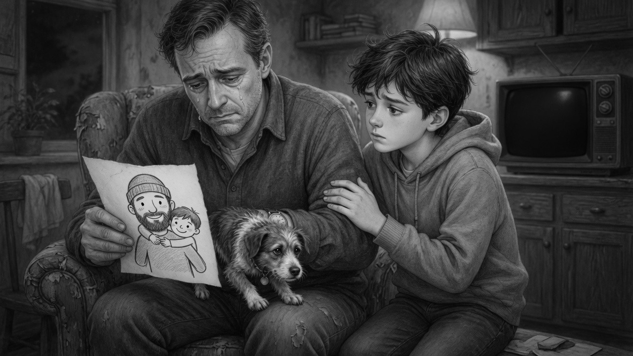 Michel regarde un dessin d’un homme au bonnet avec un enfant. Matthy a la main sur son épaule. Le chien est sur les genoux.