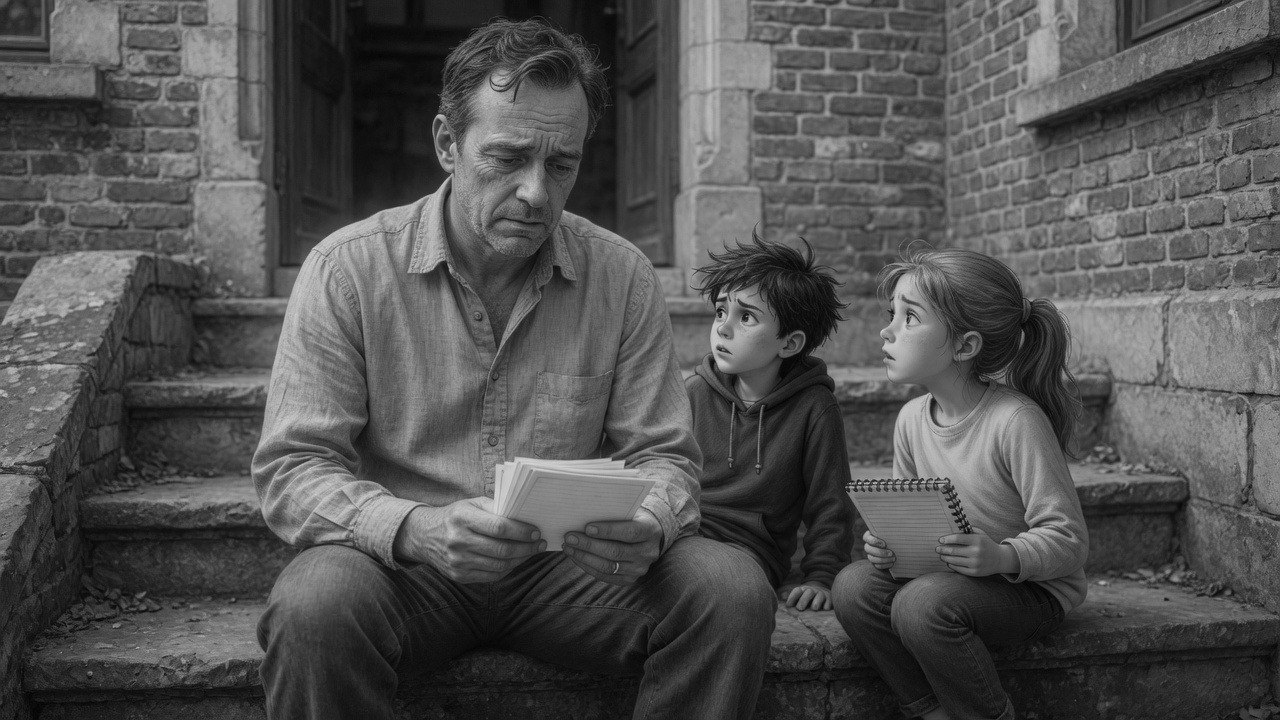 Michel est assis sur des marches, des feuilles à la main. Matthy et Lidia sont à côté de lui.