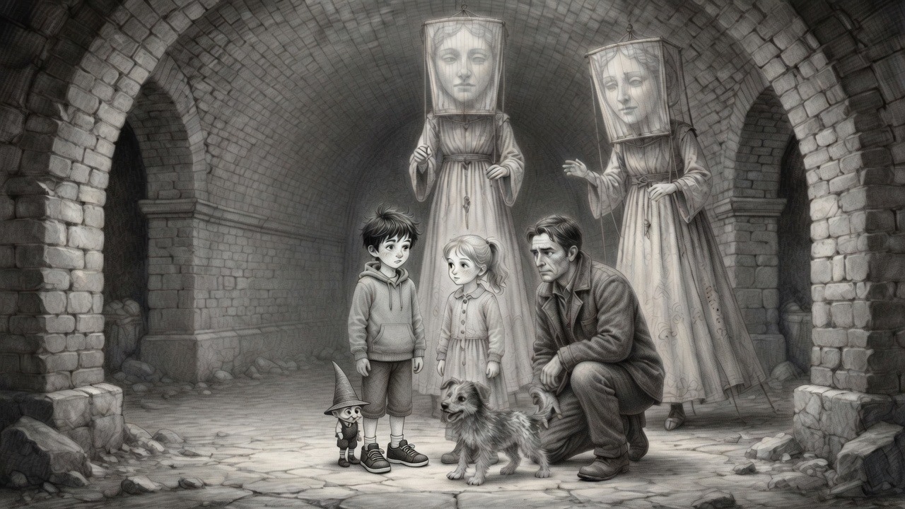Sous une voûte, deux grandes figures de tissu au visage de marionnette. Devant elles : Woutje, Matthy, Lidia, le chien, et Michel accroupi.