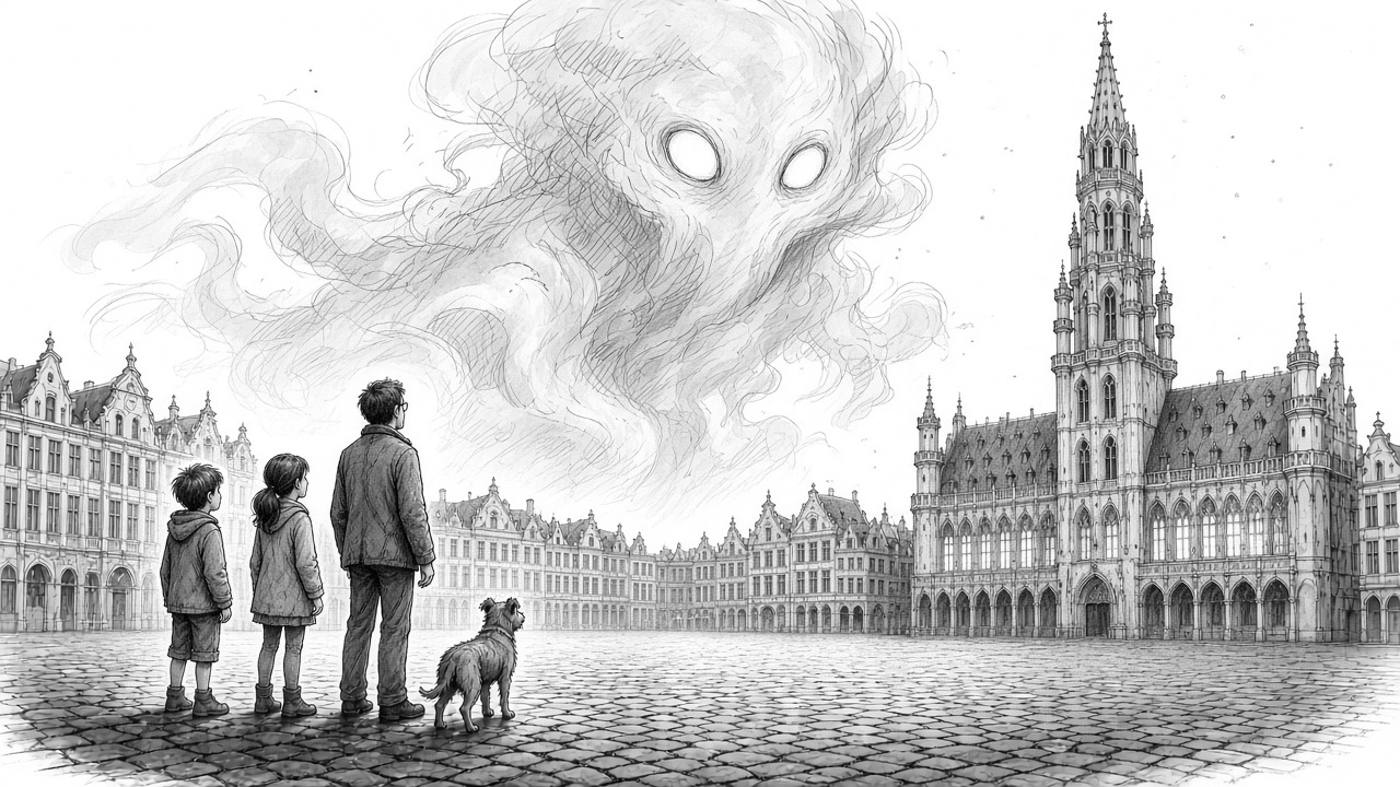 Sur la Grand-Place, Matthy, Lidia, Michel et le chien regardent une brume avec deux yeux pâles.