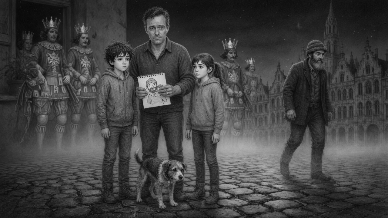 La nuit, sur la Grand-Place. Michel tient un dessin. Matthy et Lidia sont à ses côtés, le chien devant eux. Des géants couronnés sont derrière, et un homme au bonnet s’éloigne.