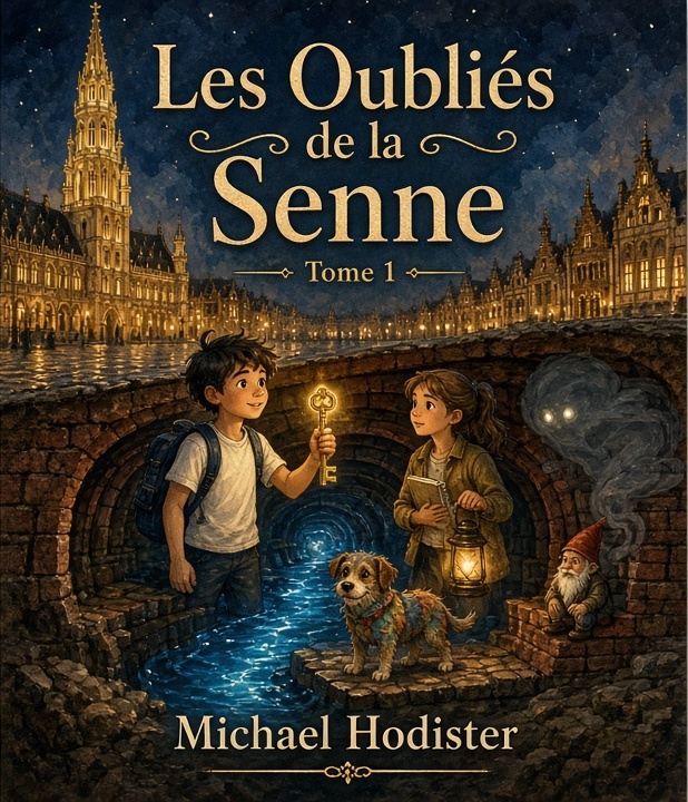 Couverture du tome 1, au format d’un livre : la Grand-Place, Matthy, Lidia, le chien et le passage de pierre.