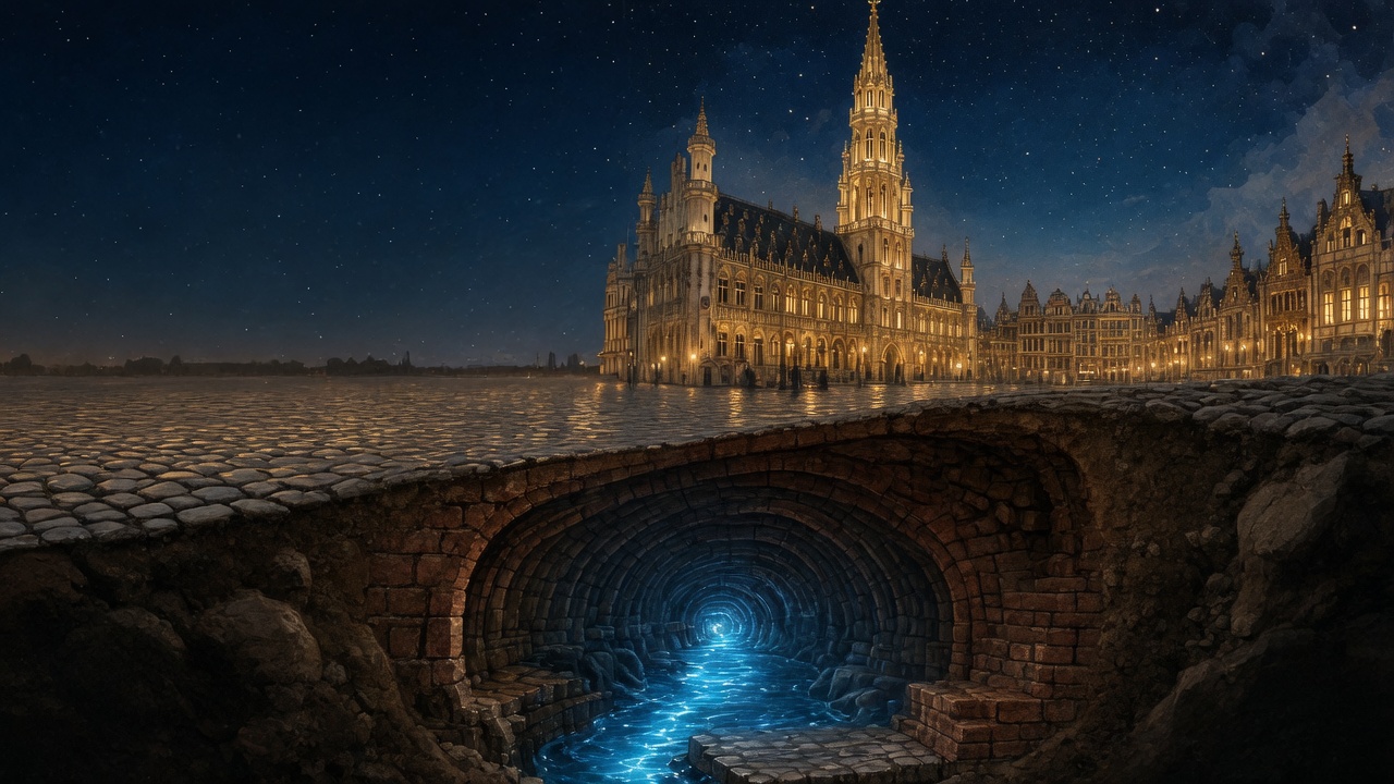 La Grand-Place la nuit. Les pavés s’ouvrent sur un tunnel de brique, et la Senne y brille en bleu.