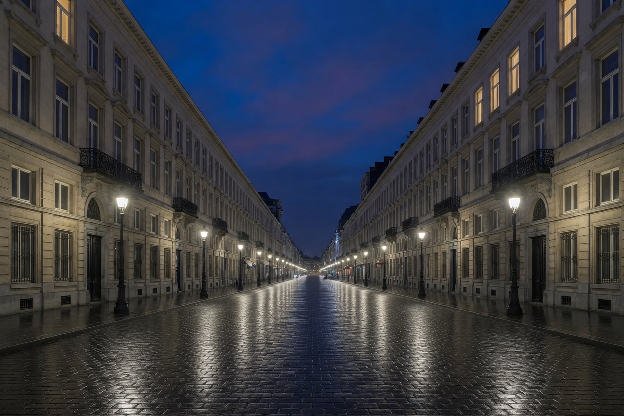 Dessin du boulevard Anspach, tout droit, la nuit, le sol mouillé.