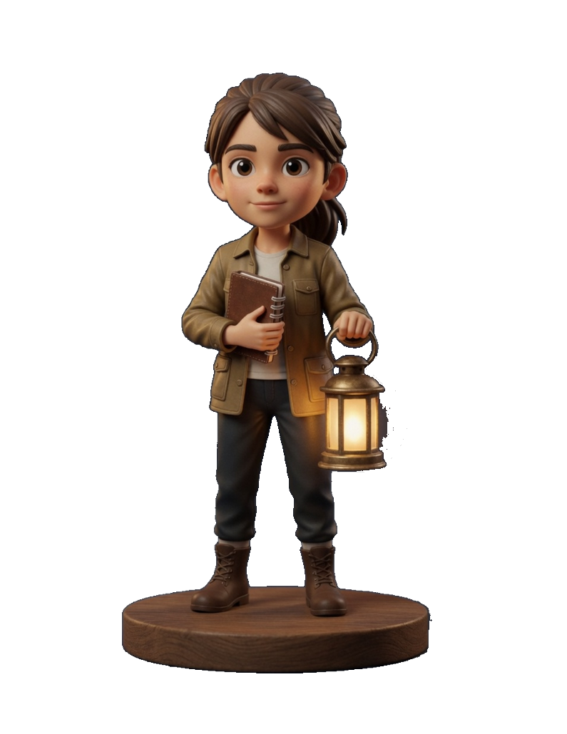 Lidia, seule, en figurine : carnet et lanterne.
