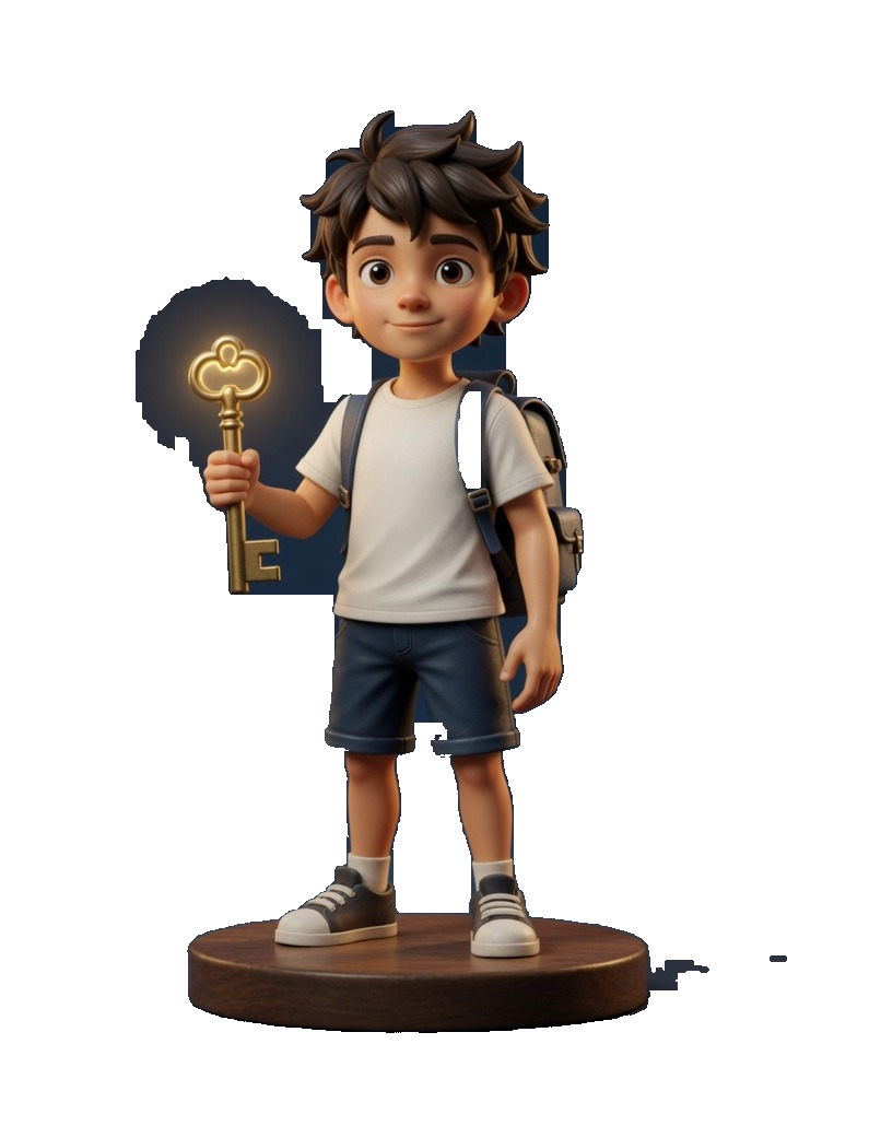 Matthy, seul, en figurine : t-shirt clair, sac, et une clé à la main.