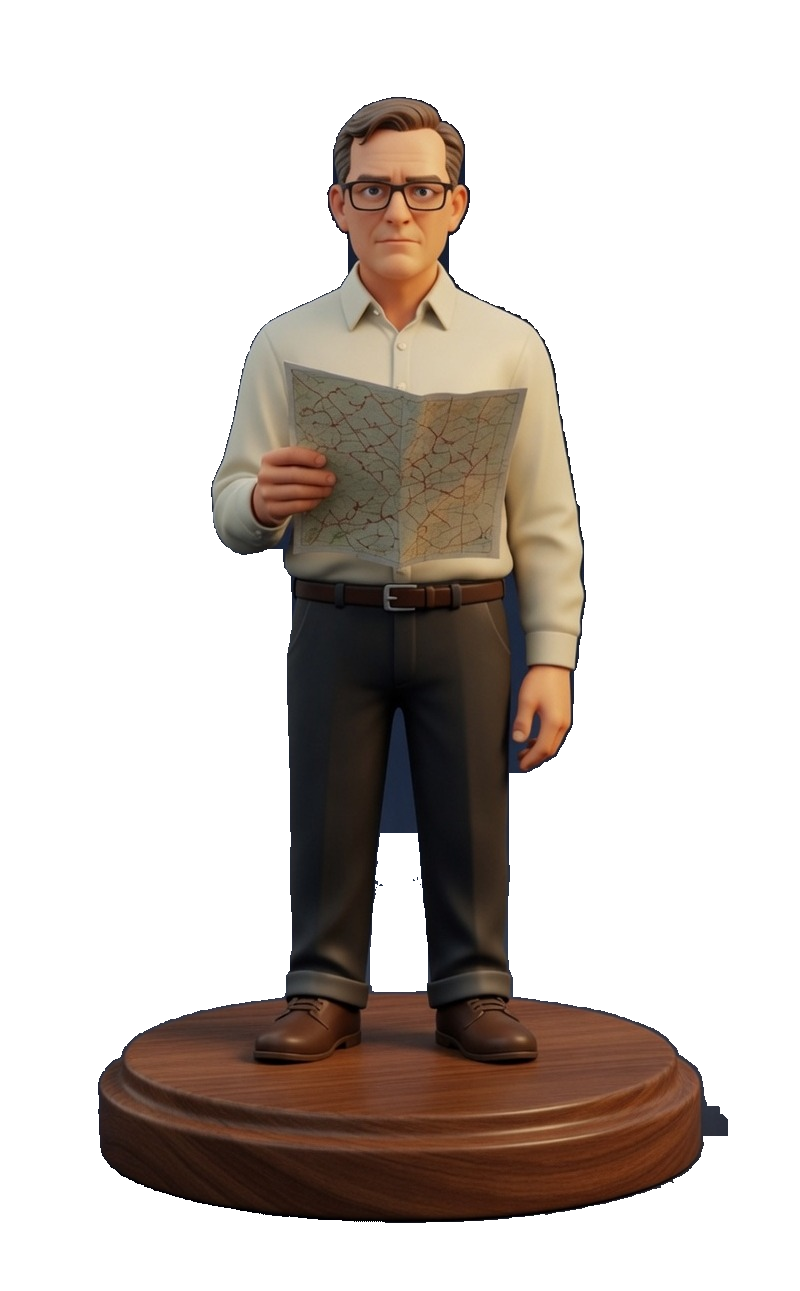 Michel, seul, en figurine sur un socle en bois : lunettes et carte dépliée.