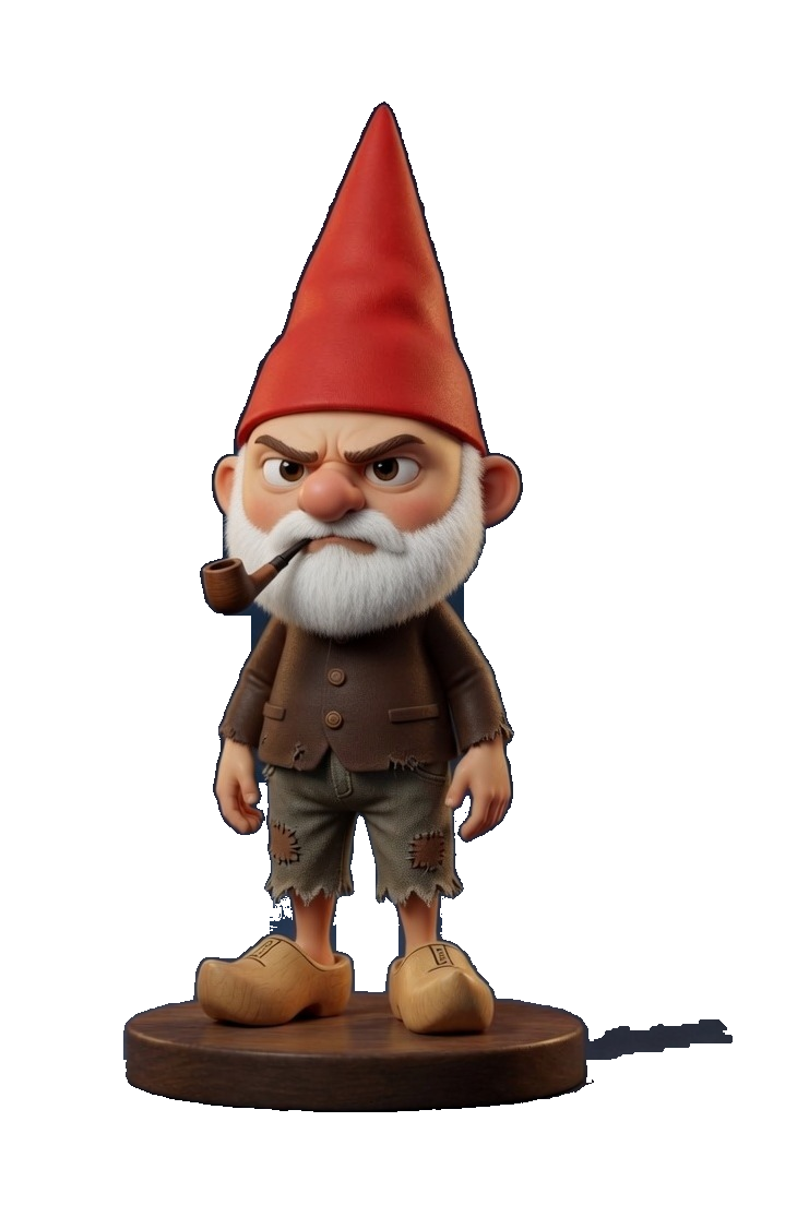 Woutje, seul, en figurine : chapeau pointu rouge, barbe blanche, sabots et pipe éteinte.
