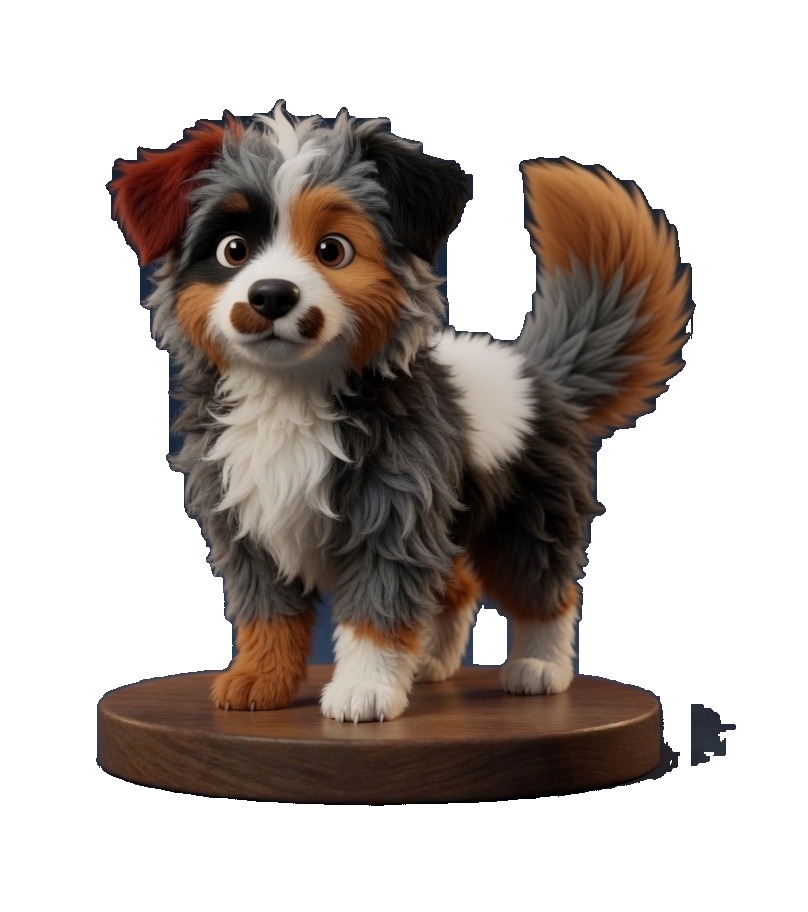 Zinneke, seul, en figurine : petit chien ébouriffé, une oreille rousse, l’autre noire, une tache blanche sur le dos.